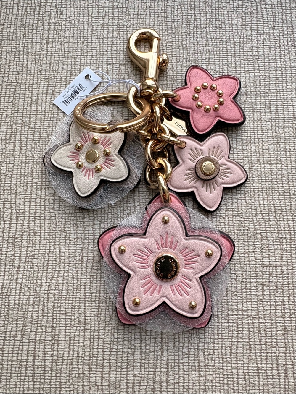 NWT COACH Wildflower Cluster Pink Leather Gold Studded Bag Charm Keychain C1687